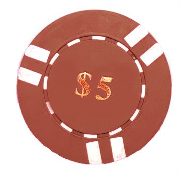 Poker Chips: 6 Stripe, 8.5 Gram, Pre-Denominated both sides, $5, Red with White Stripes